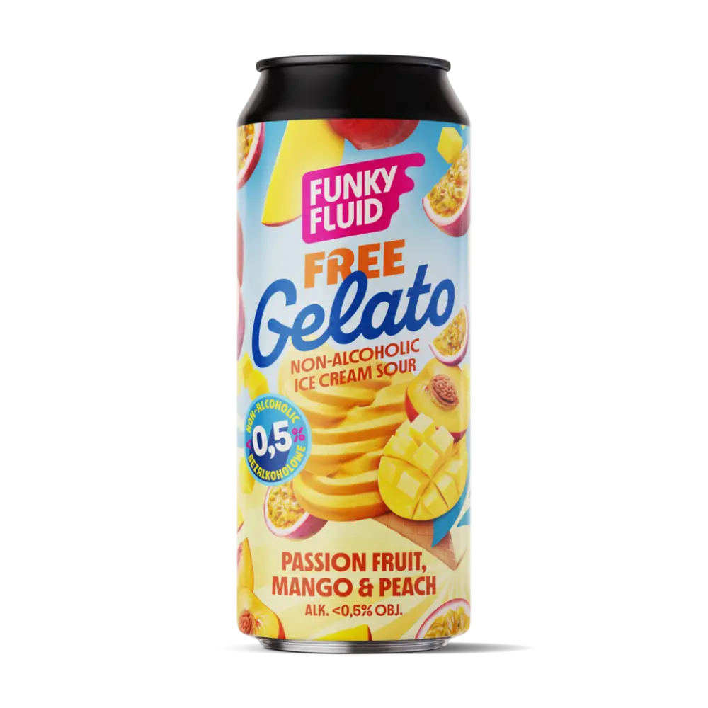 Bière Funky Fluid Free Gelato Fruit de la passion, mangue et pêche sans alcool 0,5%